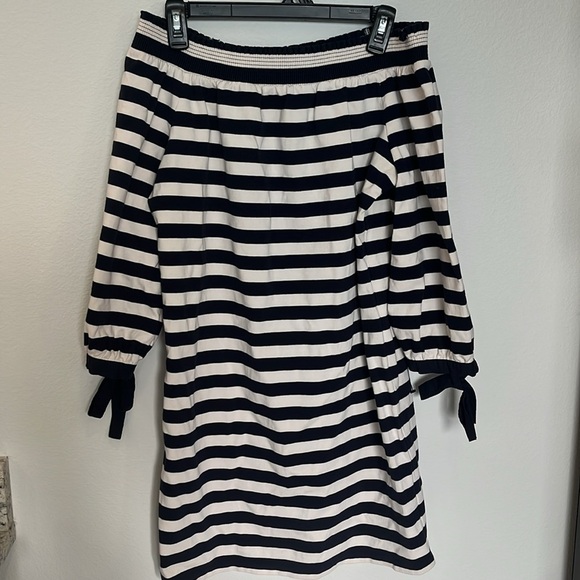 J.Crew Off Shoulder Nautical Stripe Dress | Bow Sleeve | 100% Cotton Size Large - Picture 3 of 7